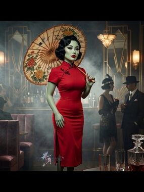 🌹"Ruby Woo" Red Cheongsam Sheath Dress By Bettie Page Las Vegas - S